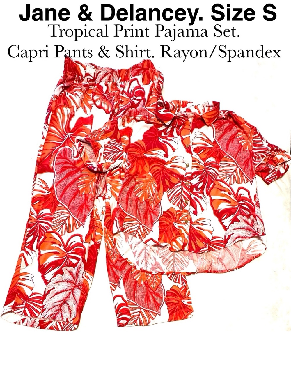 Tropical Print Pajama Set Capri Pants Button Shirt Rayon